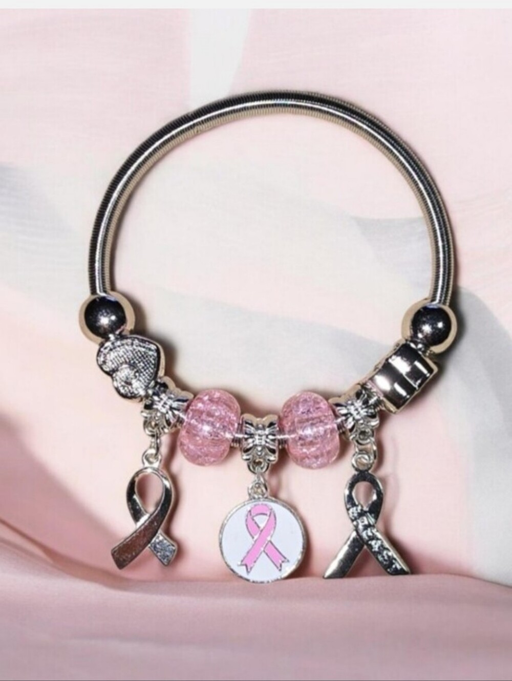 Pink Breast Cancer Awareness Charm Bracelet Silver Tone.